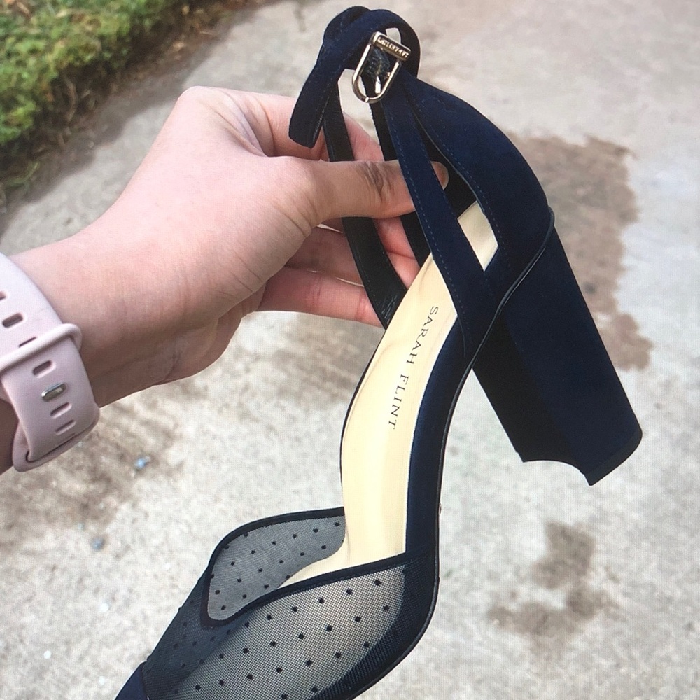 Sarah Flint Black Pointed-Toe Ankle-Strap Heels with Polka-Dot Mesh - Picture 3 of 12